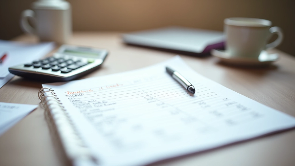 Haushaltsbudget Planner mit Notizen, Kalkulator und Haushaltslisten auf Schreibtisch