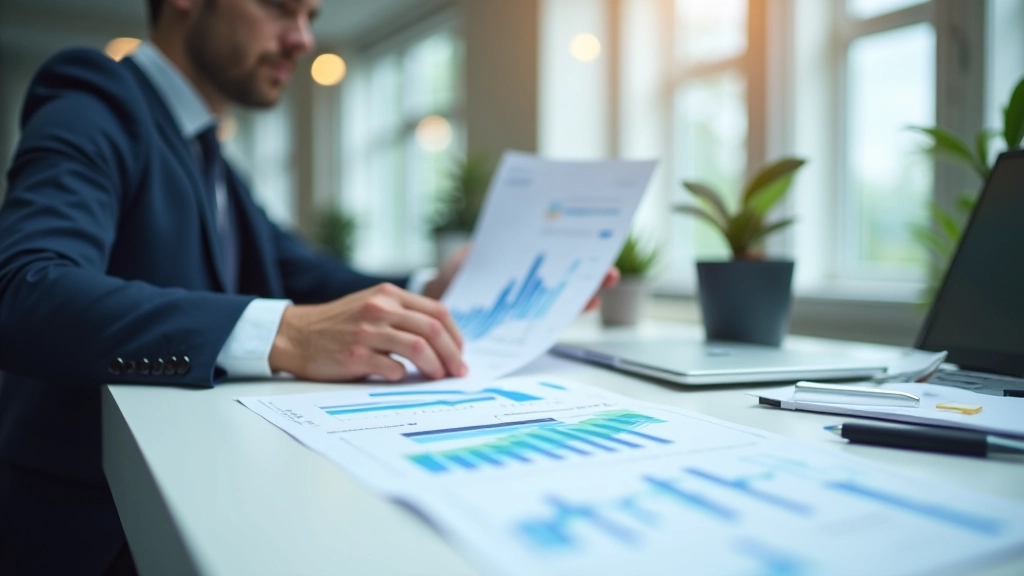 Modernes Büro mit Wirtschaftsdiagrammen und Analysetools auf Schreibtisch