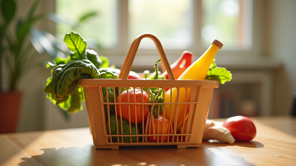 Supermarkt-Einkaufskorb mit verschiedenen Lebensmitteln und Preisschildern auf Holztisch